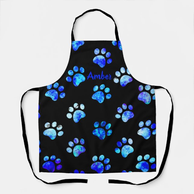 Black Blue Textured Paw Print Pattern Personalised Apron (Front)