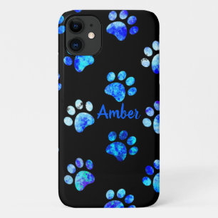 Black Blue Textured Paw Print Pattern Personalised iPhone 11 Case