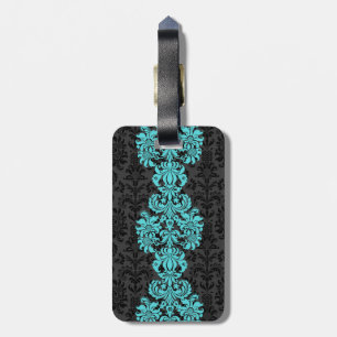 Black & Blue Vintage Floral Damasks Luggage Tag