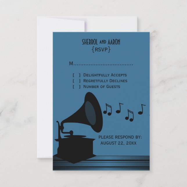 Black/Blue Vintage Gramophone Response Card (Front)