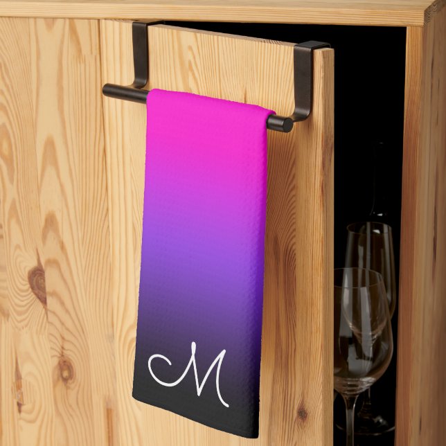 Black Blue Violet and Neon Pink Ombre Monogram Tea Towel (Thirds Fold)