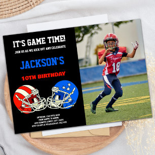 Black Blue vs Red Photo Football Birthday Invitation