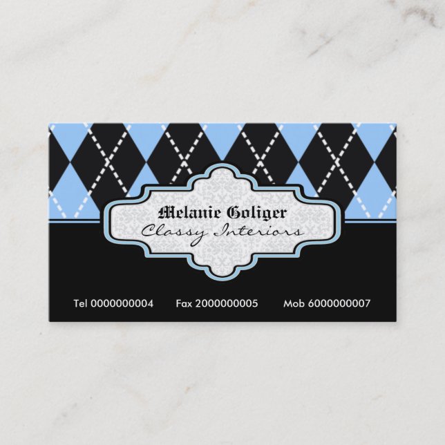 Black blue white argyle trendy business cards (Front)