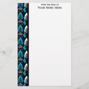 Black Blue White Damask Border Stationery