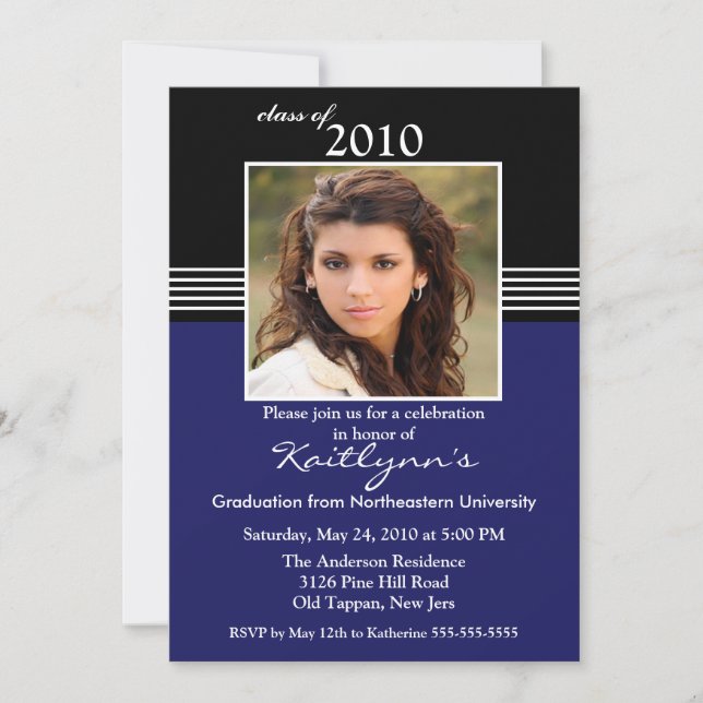 Black, Blue & White Photo Graduation Invitation (Front)
