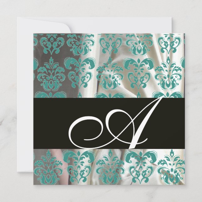 BLACK BLUE WHITE SILK DAMASK CLOTH MONOGRAM INVITATION (Front)