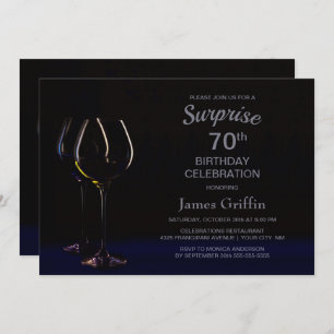 Black Blue Wine Champagne Surprise 70th Birthday Invitation