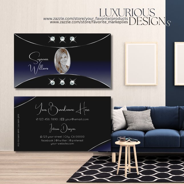 Black Blue with Silver Decor Diamonds and Photo Business Card (Creator Uploaded)