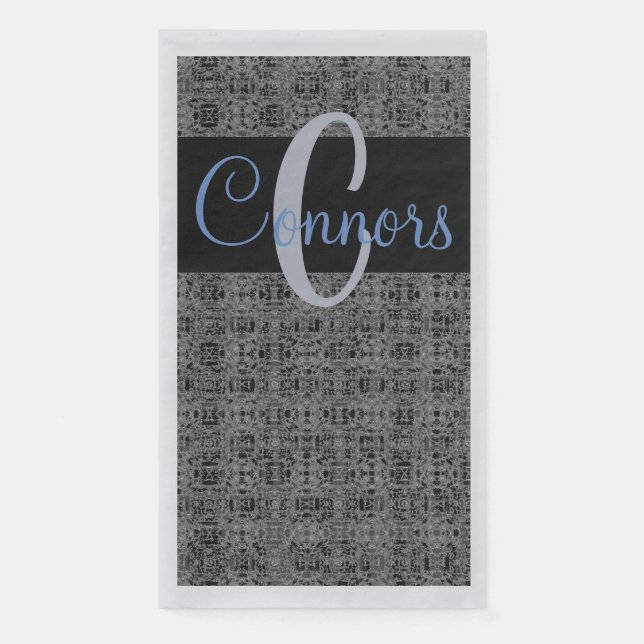 Black Blue X's and O's Pattern Grey Monogram Napkin (Front)