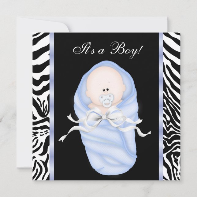 Black Blue Zebra Baby Boy Shower Invitations (Front)