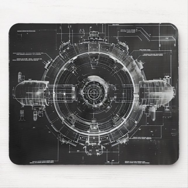 Black Blueprint Sci-Fi Space Station Mouse Pad (Front)