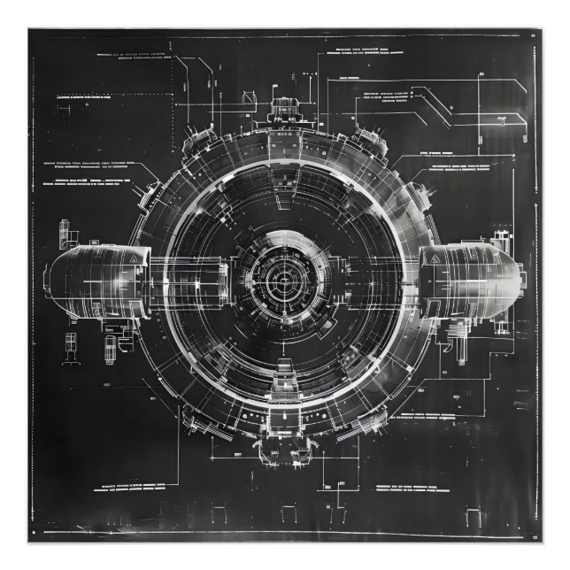 Black Blueprint Sci-Fi Space Station Photo Print (Front)