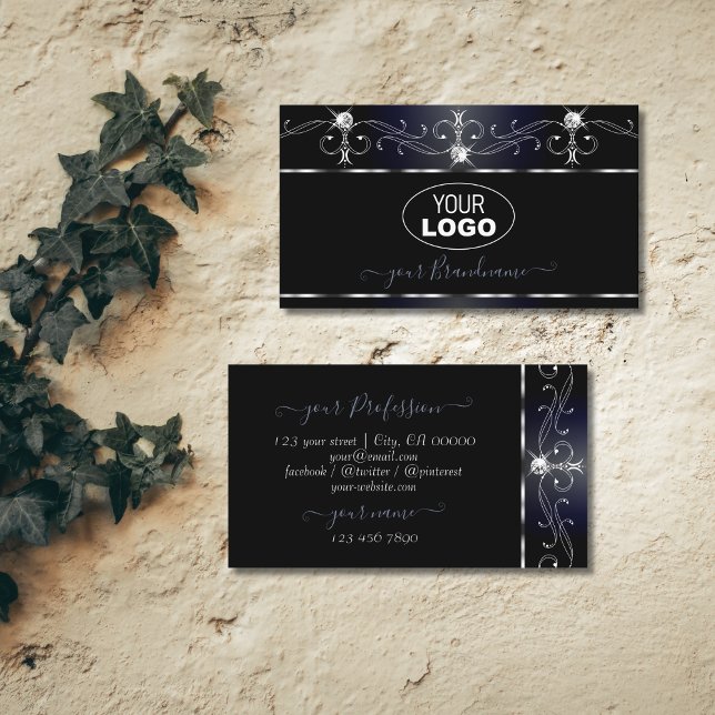 Black Bluish Squiggles Sparkling Diamonds Add Logo Business Card (Creator Uploaded)