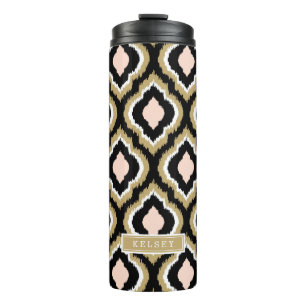 Black Blush and Gold Ikat Moroccan Monogram Thermal Tumbler