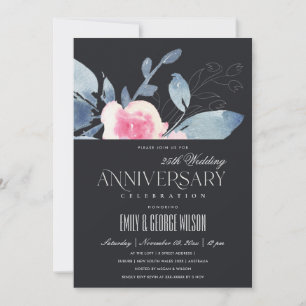 BLACK BLUSH BLUE FLORAL 25th ANY YEAR ANNIVERSARY Invitation