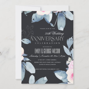 BLACK BLUSH BLUE FLORAL 25th ANY YEAR ANNIVERSARY Invitation