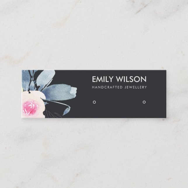 BLACK BLUSH BLUE FLORAL STUD EARRING DISPLAY LOGO MINI BUSINESS CARD (Front)