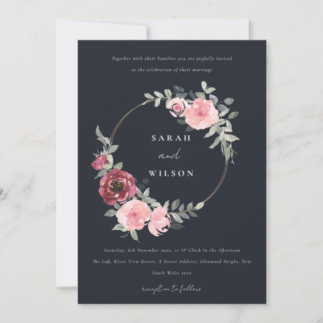 BLACK BLUSH BURGUNDY FLORAL WREATH WEDDING INVITE (Front)