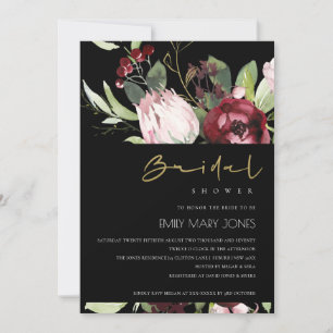 BLACK BLUSH BURGUNDY PROTEA FLORAL BRIDAL SHOWER INVITATION