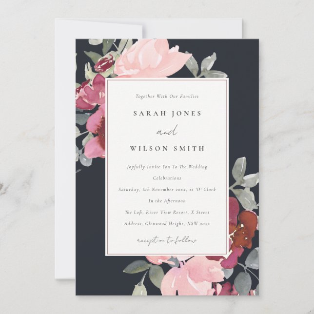 BLACK BLUSH BURGUNDY ROSE FLORAL WEDDING INVITE (Front)