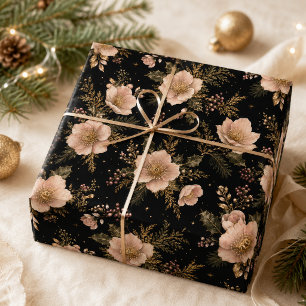Black Blush Champagne Gold Hellebore Christmas Wrapping Paper
