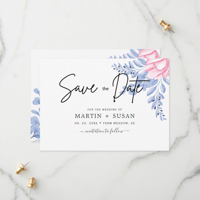 Black & Blush Dusty Blue Mauve Eucalyptus Wedding Save The Date (Front/Back In Situ)