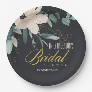 BLACK BLUSH FLORAL BUNCH WATERCOLOR BRIDAL SHOWER PAPER PLATE