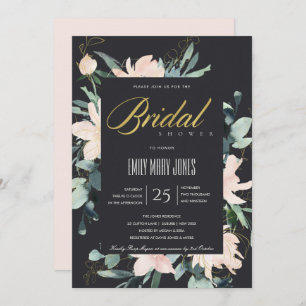 BLACK BLUSH FLORAL GOLD WATERCOLOR BRIDAL SHOWER INVITATION