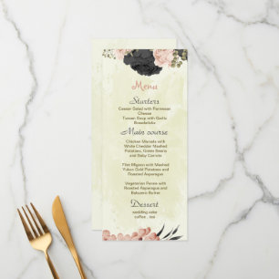 black & blush flowers botanical wedding menu