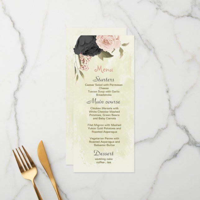 black & blush flowers botanical wedding  menu (Front/Back In Situ)