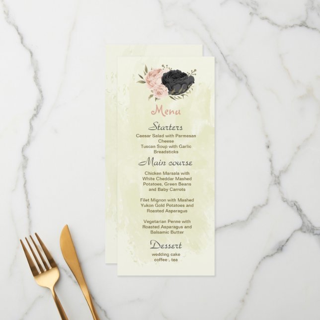 black & blush flowers botanical wedding  menu (Front/Back In Situ)
