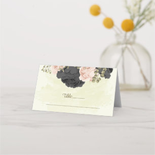 black & blush flowers botanical wedding  place card