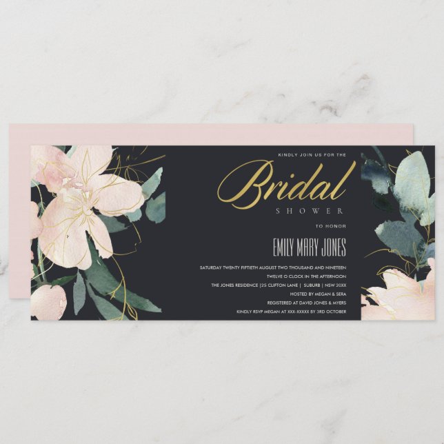 BLACK BLUSH GOLD FLORAL WATERCOLOR BRIDAL SHOWER INVITATION (Front/Back)