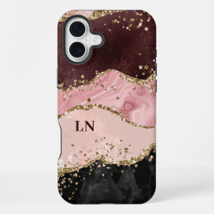 Black Blush Gold Glitter Agate Monogram iPhone 16 Plus Case