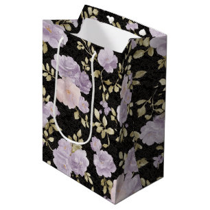 Black Blush Lavender Flowers Bridal Shower Medium Gift Bag