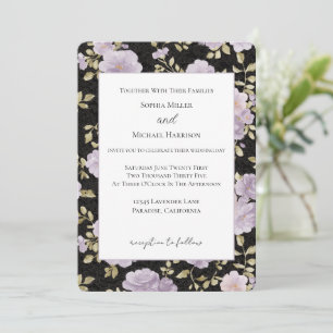 Black Blush Lavender Flowers Wedding Invitation
