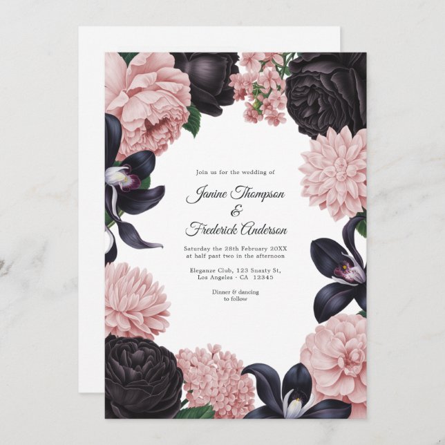 Black & Blush Photo/QR Code Floral Wedding Invitation (Front/Back)