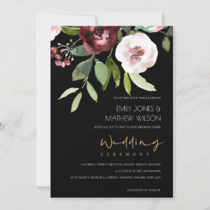 BLACK BLUSH PINK BURGUNDY PEONY FLORAL WEDDING INVITATION