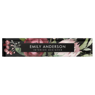BLACK BLUSH PINK BURGUNDY PROTEA FLORAL WATERCOLOR NAMEPLATE
