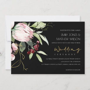 BLACK BLUSH PINK BURGUNDY PROTEA FLORAL WEDDING INVITATION