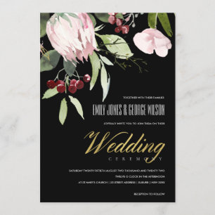 BLACK BLUSH PINK BURGUNDY PROTEA FLORAL WEDDING INVITATION