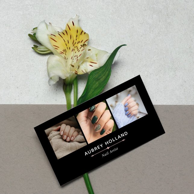 Black Blush Pink Elegant Nail Artist Photo Collage Business Card (Creator Uploaded)