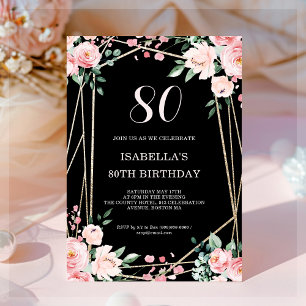 Black   Blush Pink Floral 80th Birthday Invitation