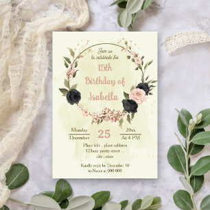 black blush pink flowers botanical birthday invitation