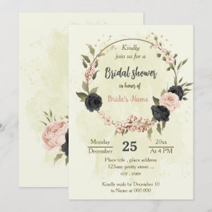 black blush pink flowers botanical bridal shower invitation