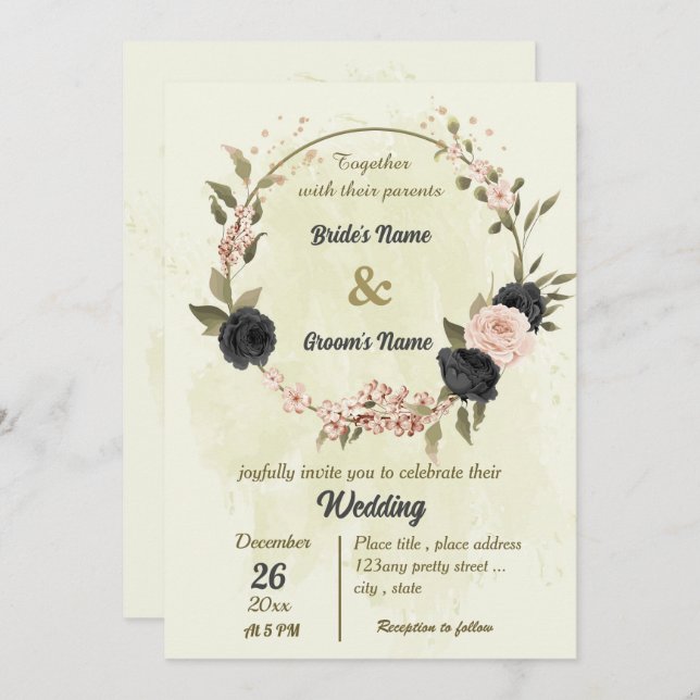 black blush pink flowers botanical wedding invitation (Front/Back)