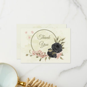 black blush pink flowers botanical wedding thank you card