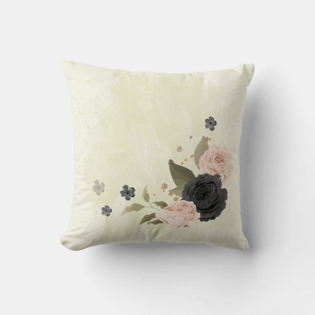 black blush pink flowers cushion (Front)