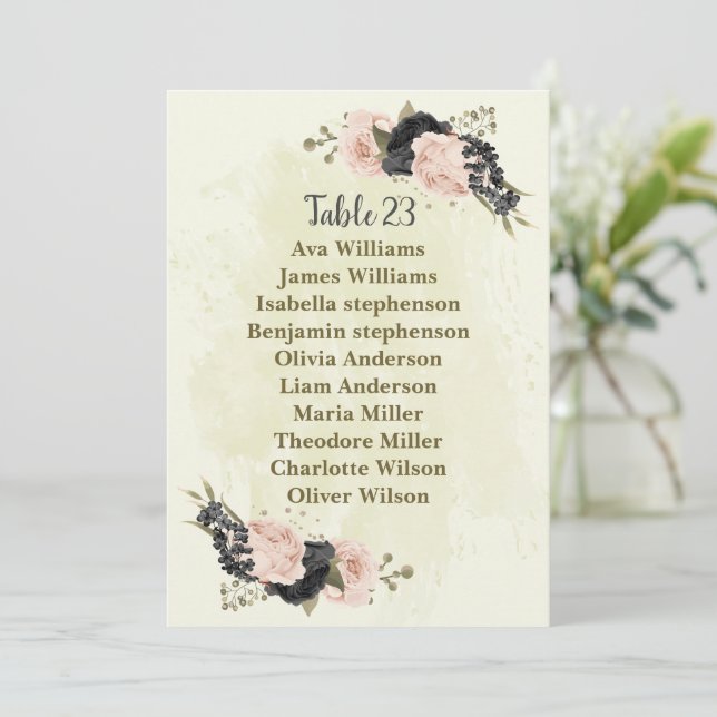 black blush pink flowers seating chart card (Standing Front)