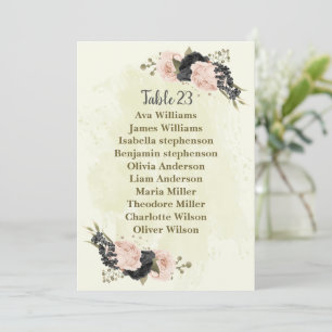 black blush pink flowers seating chart card